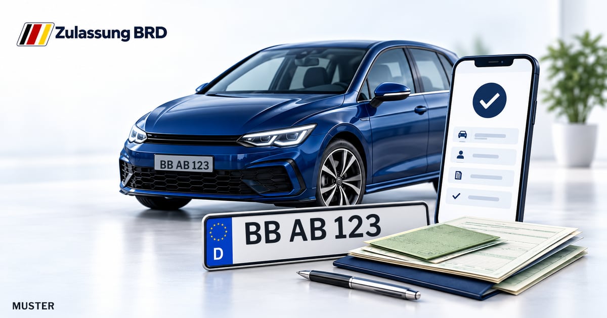 Online Fahrzeugzulassung in Böblingen: Musterkennzeichen BB AB 123, Auto und Fahrzeugpapiere und Smartphone. Illustration mit Logo von Zulassung BRD.